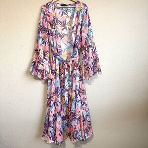 America Beyond Floral Lightweight Kimono Maxi Dress Sheer Beach Cover Up Sz L